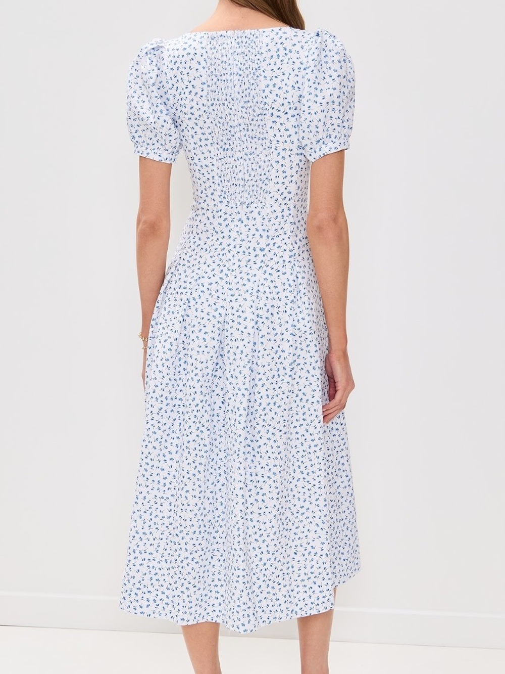 Reformation Coucou Linen Dress in Hanna Midi Puff Sleeve White Blue Floral 10 - Picture 2 of 8